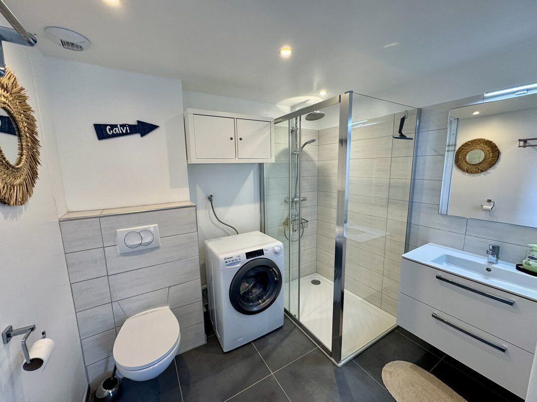 A modern bathroom with a glass shower enclosure, a washing machine, a toilet, and a sink.
