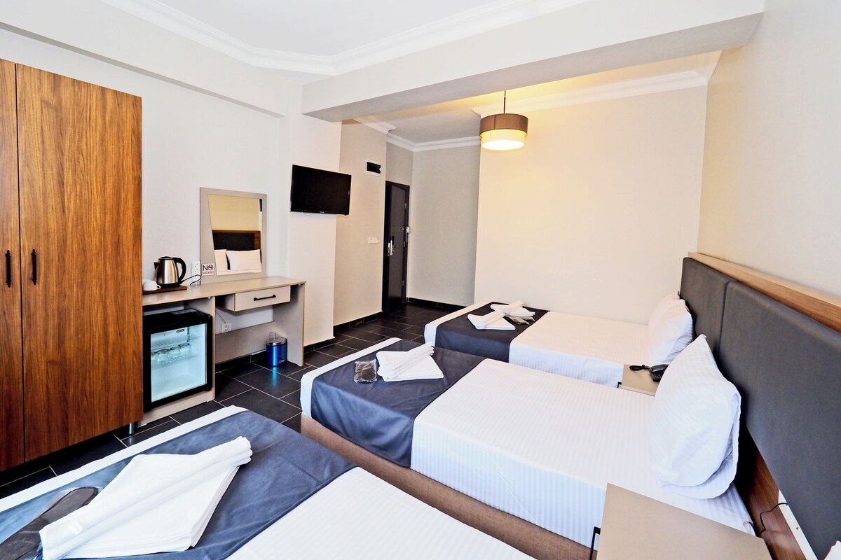 A hotel room with two beds, a desk, a wardrobe, a television, and a minibar.
