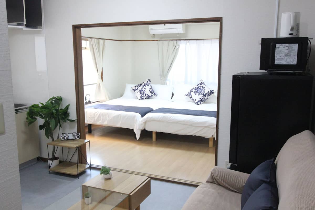 A room with a bed, a TV, a small table, and a plant.
