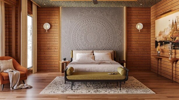 A bedroom with a large bed, a ceiling fan, and a wall-mounted decorative panel. - Regenta Evolife Dome City Mahakumbh Prayagraj (Karchana)