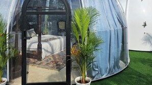 A transparent dome structure with a bed inside, surrounded by artificial grass and potted plants. - Regenta Evolife Dome City Mahakumbh Prayagraj (Karchana)