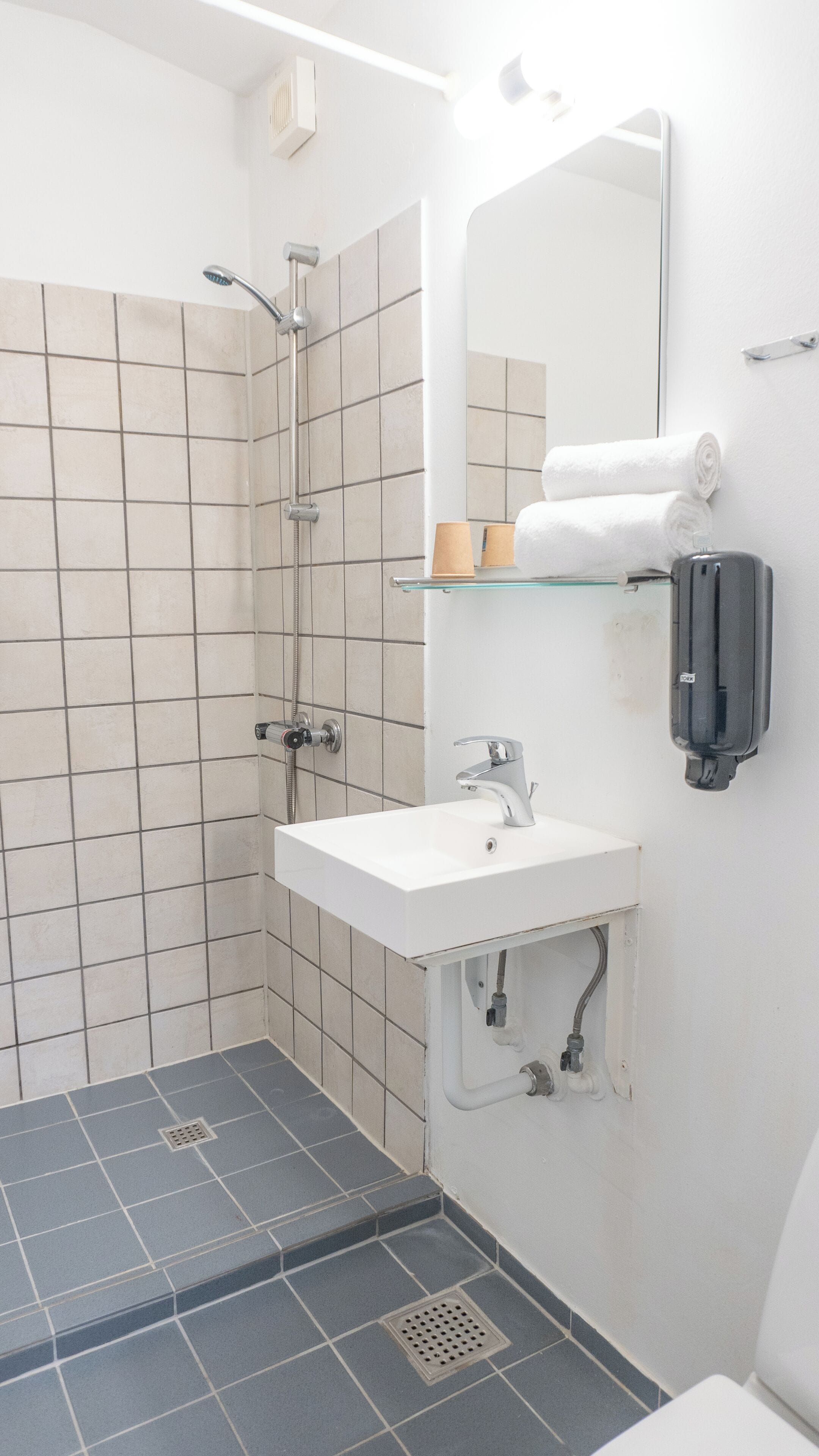 Un baño con ducha, lavamanos y espejo.