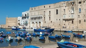 Ein Hafen mit zahlreichen kleinen Booten, die vor einem großen, historischen Gebäude mit Bogenfenstern und einem Balkon liegen.