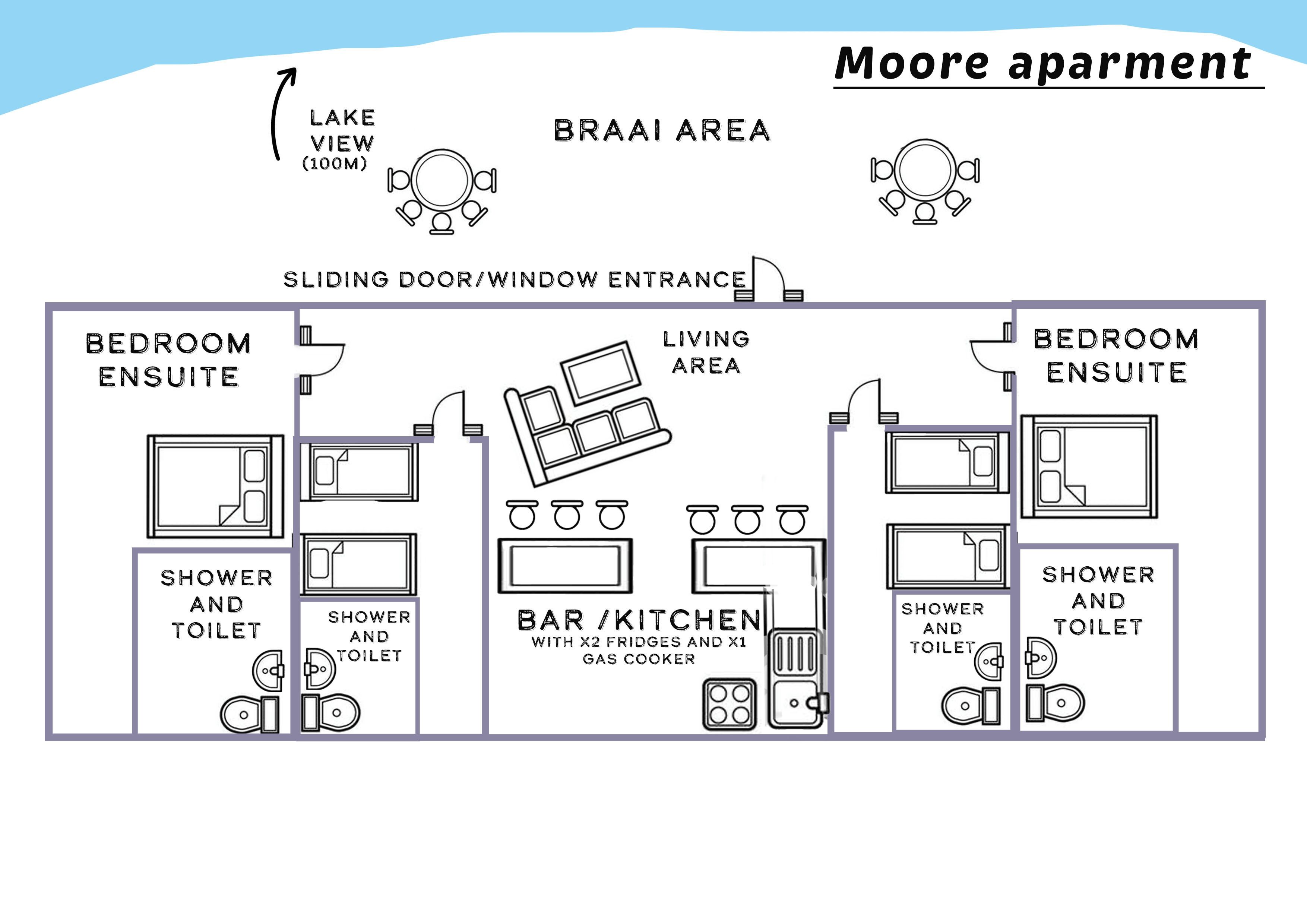 A floor plan of the Moore apartment, including a bedroom ensuite, a bathroom, a living area with a bar/kitchen, and a sliding door/window entrance.