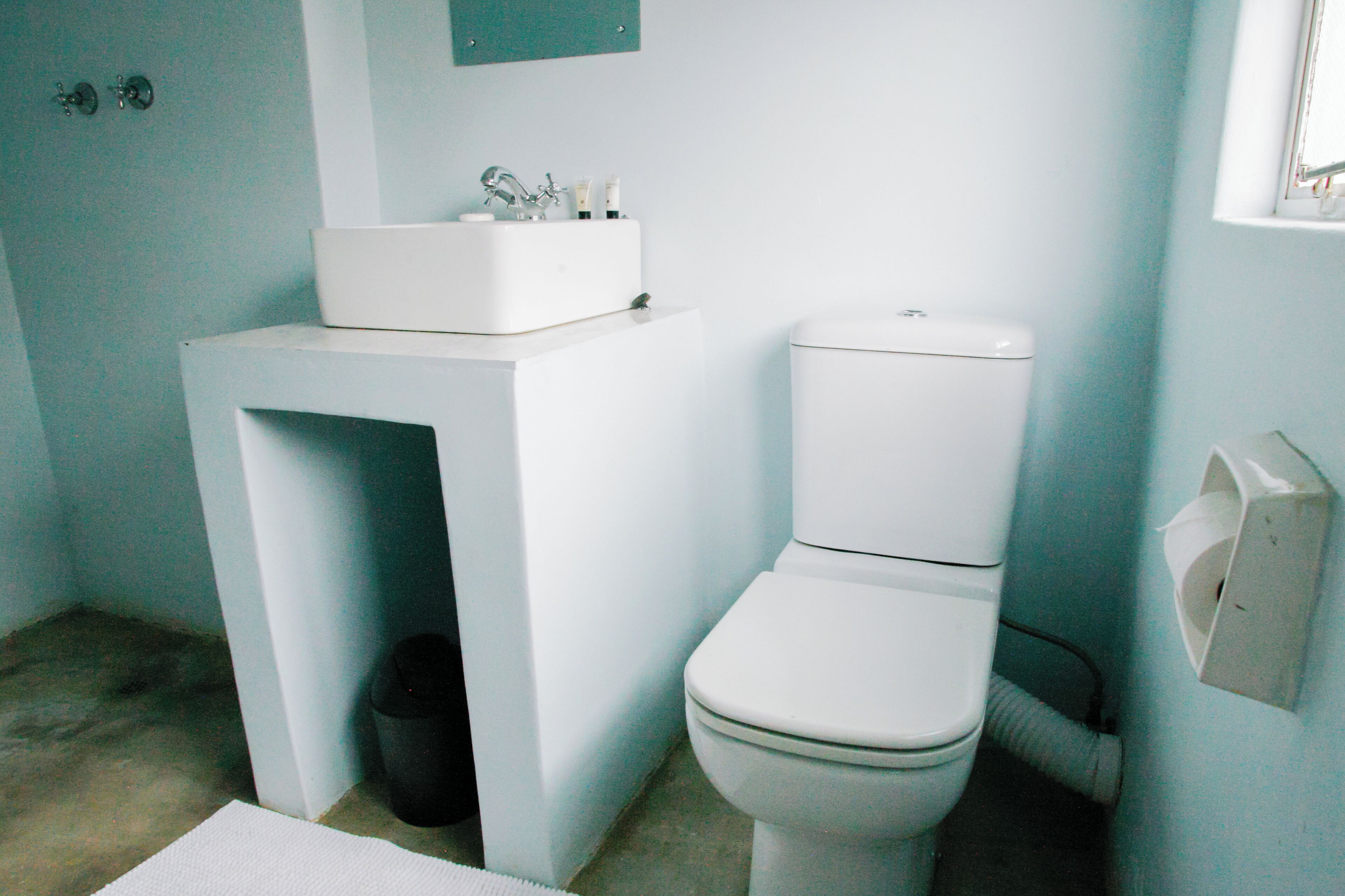 A compact bathroom with a white sink, toilet, and a small trash bin.
