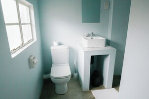 Un baño con inodoro, lavabo y ventana.