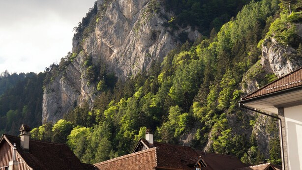 A traditional European town with timber-framed buildings, a mountain backdrop, and a clear sky. - Nimbuzzz Apartments (Unterseen)