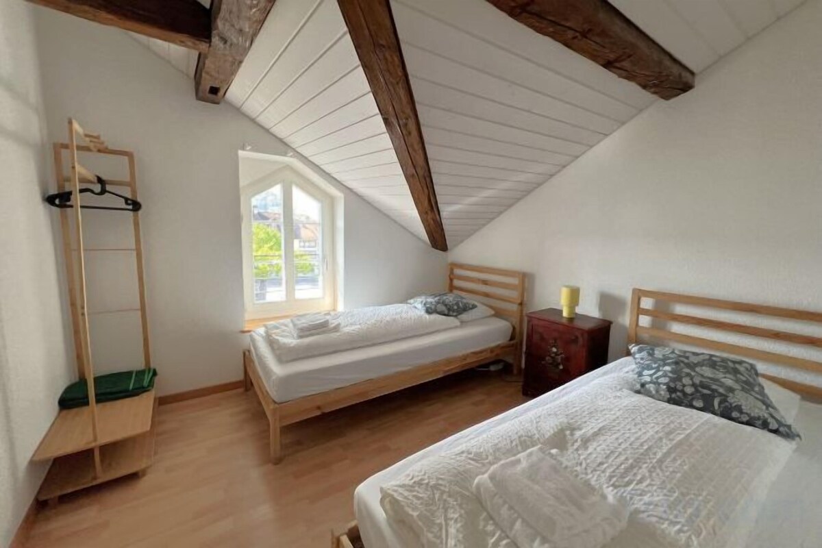 Une chambre avec deux lits, une échelle en bois et une fenêtre.