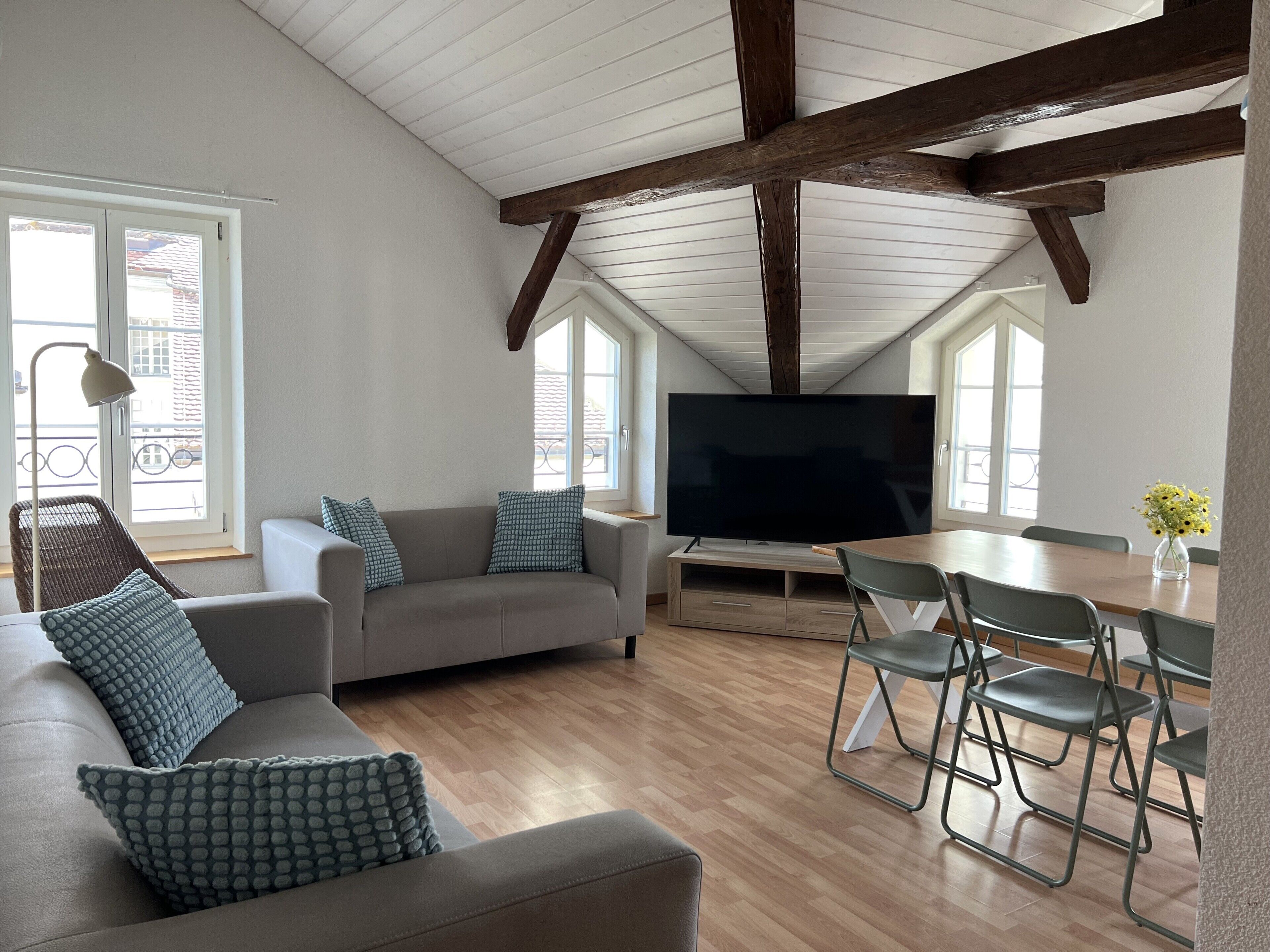 Apartment, 3 Bedrooms, Kitchen | Living area | 45-inch TV with cable channels, heated floors