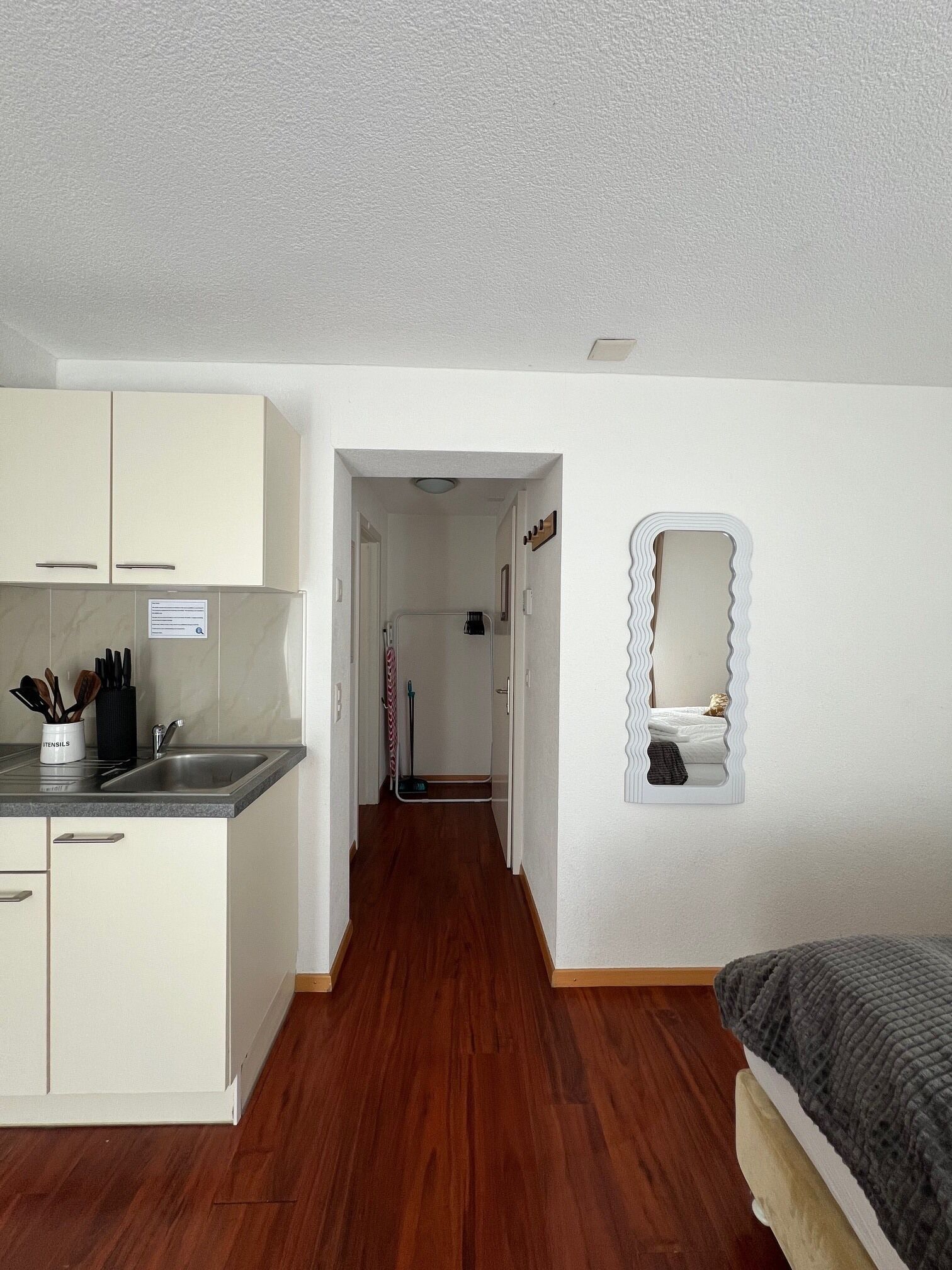 A narrow hallway with a kitchen on one side, a bathroom with a shower and toilet, and a bed on the other side.