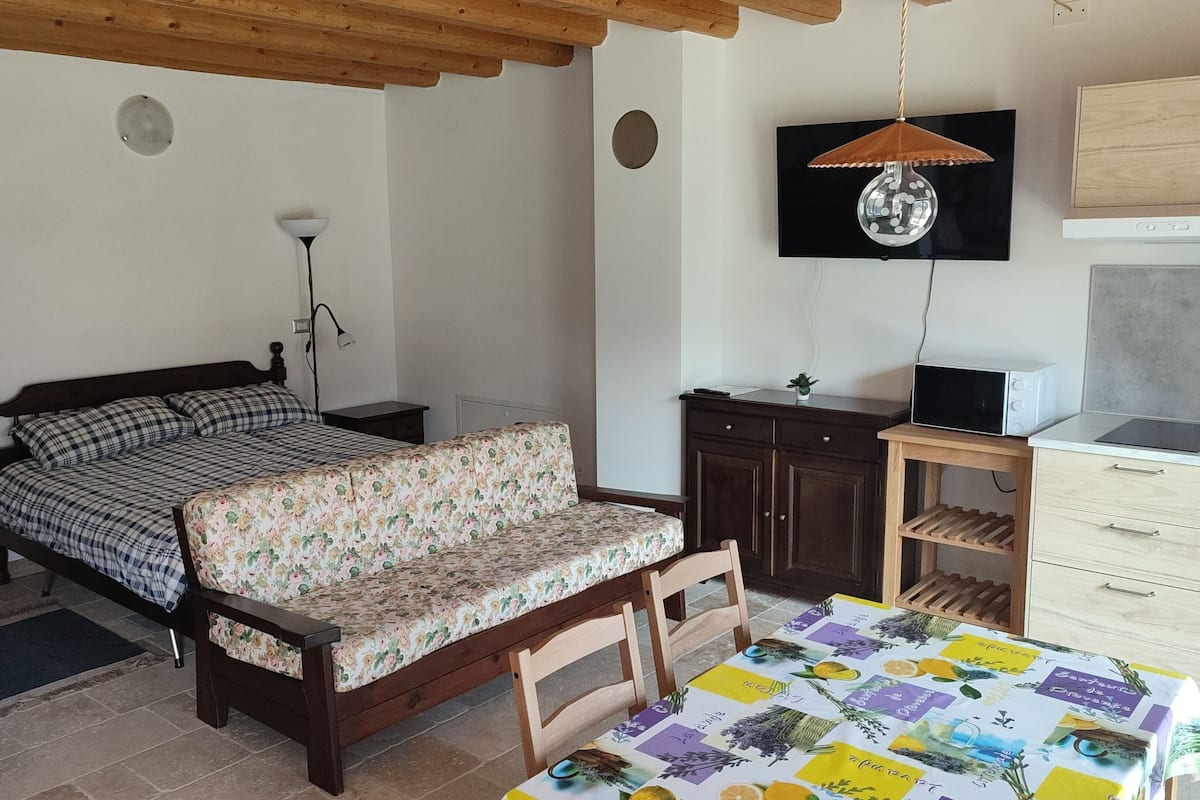 A bedroom with a bed, a desk, a chair, a table, a TV, and a kitchenette.