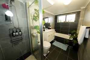 Shower, hair dryer, towels, soap