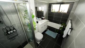 Shower, hair dryer, towels, soap