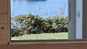 A view through a window of a lake with a small island, a town in the background, and a mountain. - Apartment with Enchanting View "Shambalahome.it" (STRESA)