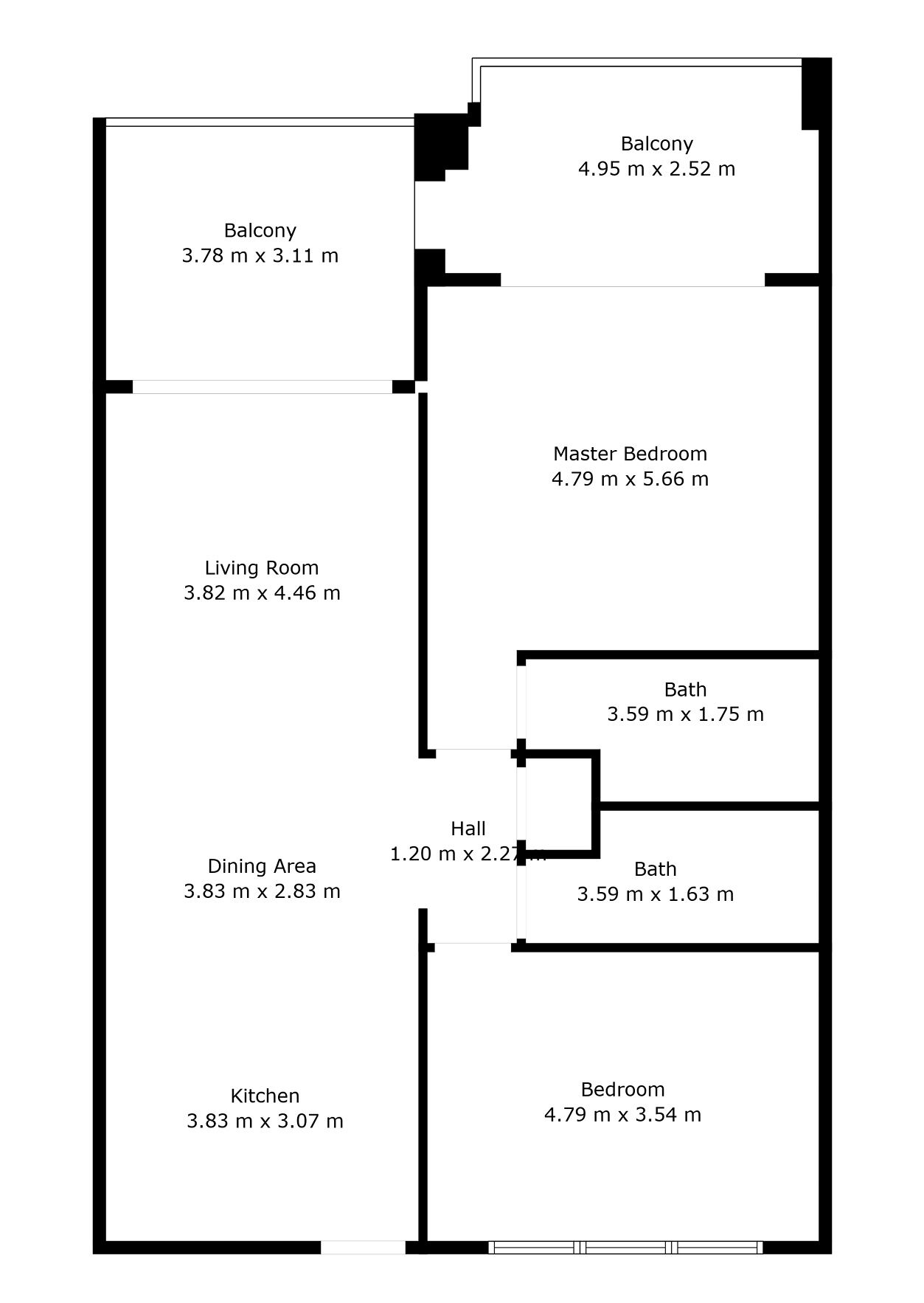 A floor plan with a balcony measuring 4.95 m x 2.52 m, a master bedroom of 4.79 m x 5.66 m, a living room of 3.82 m x 4.46 m, a dining area of 3.83 m x 2.83 m, a kitchen of 3.83 m x 3.07 m, a bathroom of 3.59 m x 1.75 m, a hall of 1.20 m x 2.27 m, and a bedroom of 4.79 m x 3.54 m.