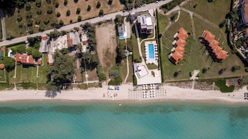 On the beach, sun-loungers, beach towels