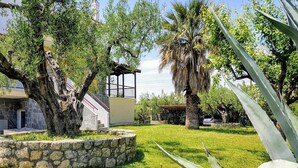 A garden with stone walls, a gazebo, and various trees including an olive tree. - Amazing Sea View Loft, Afitos (Afytos)