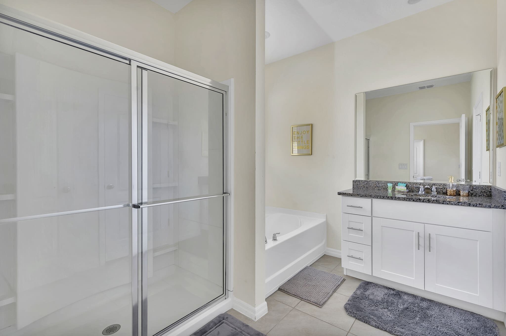 Shower, hair dryer, towels, shampoo