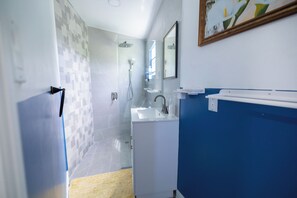 Shower, towels, soap, toilet paper