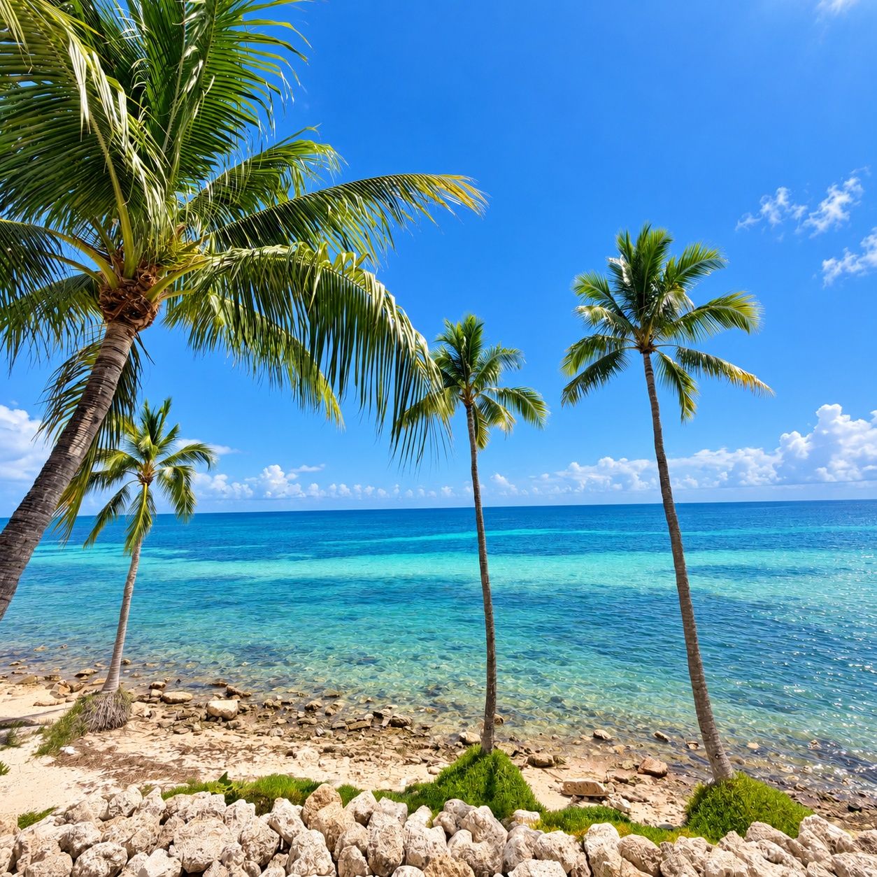 A beach with clear turquoise water, palm trees, and a rocky shoreline.