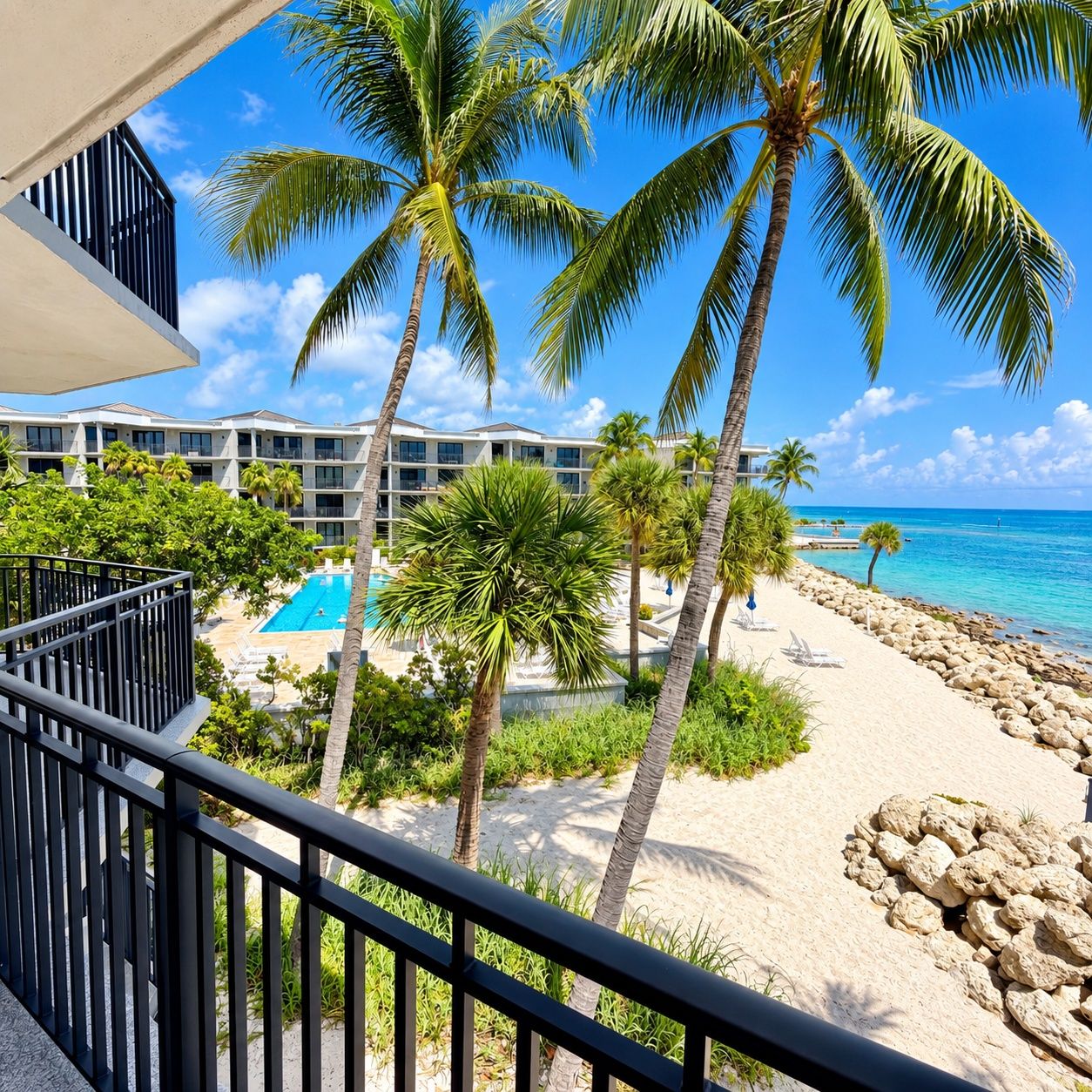 A resort with a pool, palm trees, and a beach.