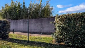 A fenced area with a concrete wall, grass, and bushes.