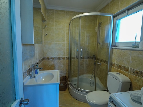 Separate tub and shower, jetted tub, hydromassage showerhead, hair dryer