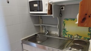 Una kitchenette compacta con un lavamanos, un microondas y una estufa.