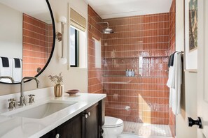 Shower, hair dryer, towels, shampoo