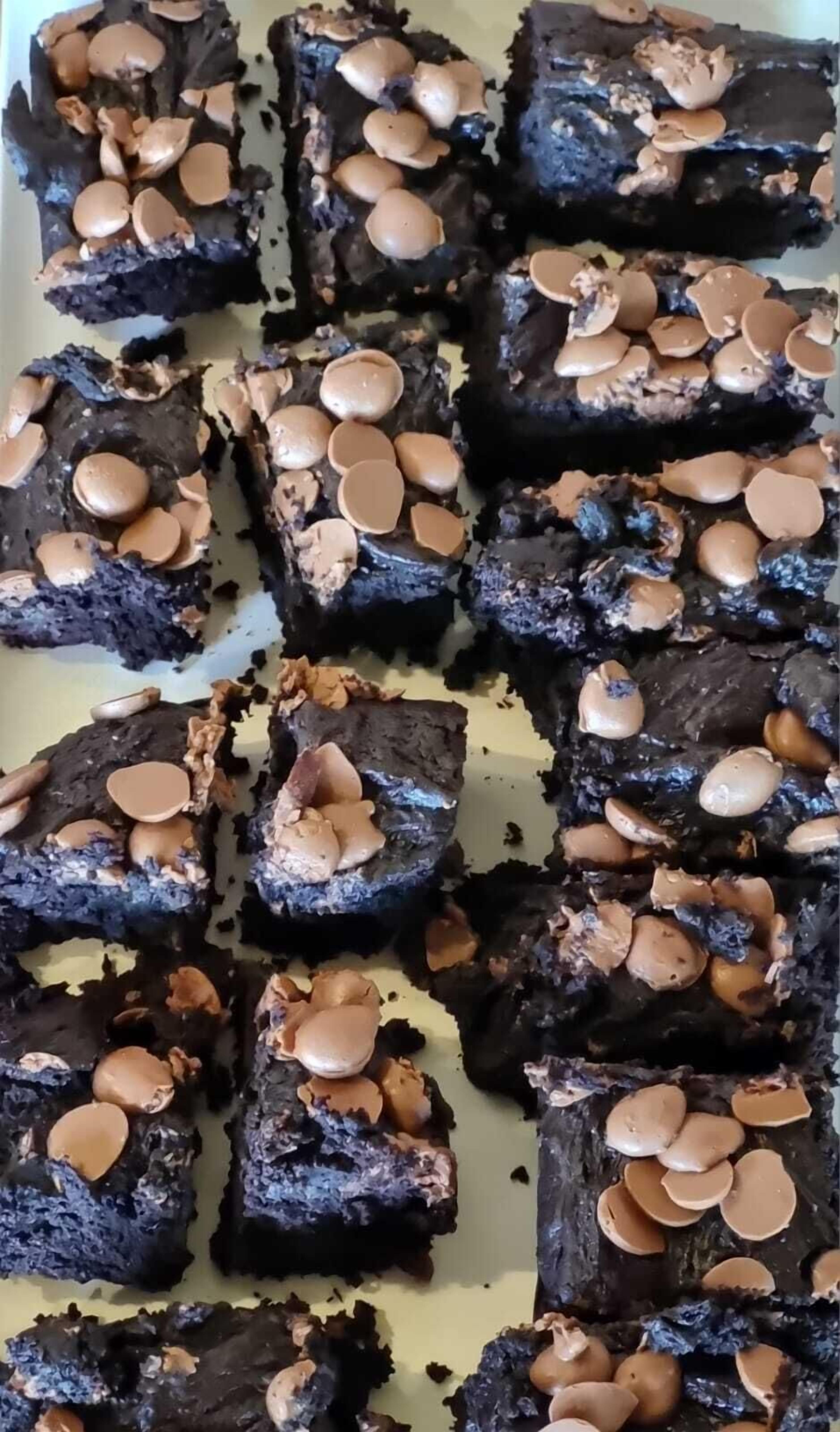 A tray of brownies with chocolate chips on top.