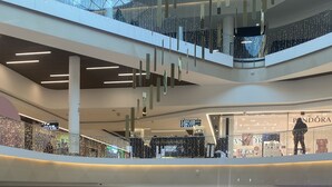 Et stort indkøbscenter med flere etager og mange butikker, herunder en skobutik og en eksklusiv butik.