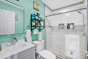 Hair dryer, bidet, towels, soap
