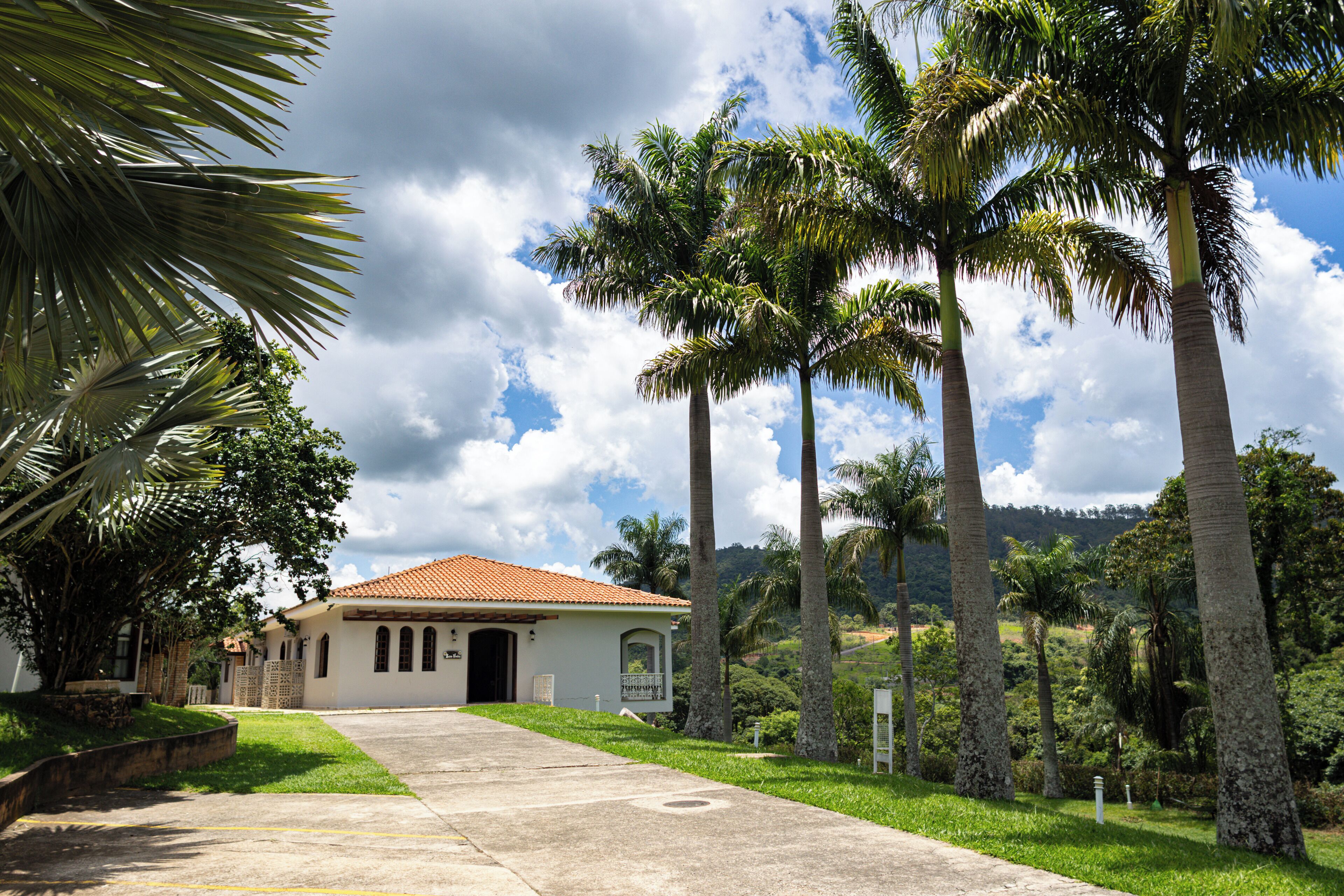 A building with a red-tiled roof, surrounded by palm trees and lush greenery.