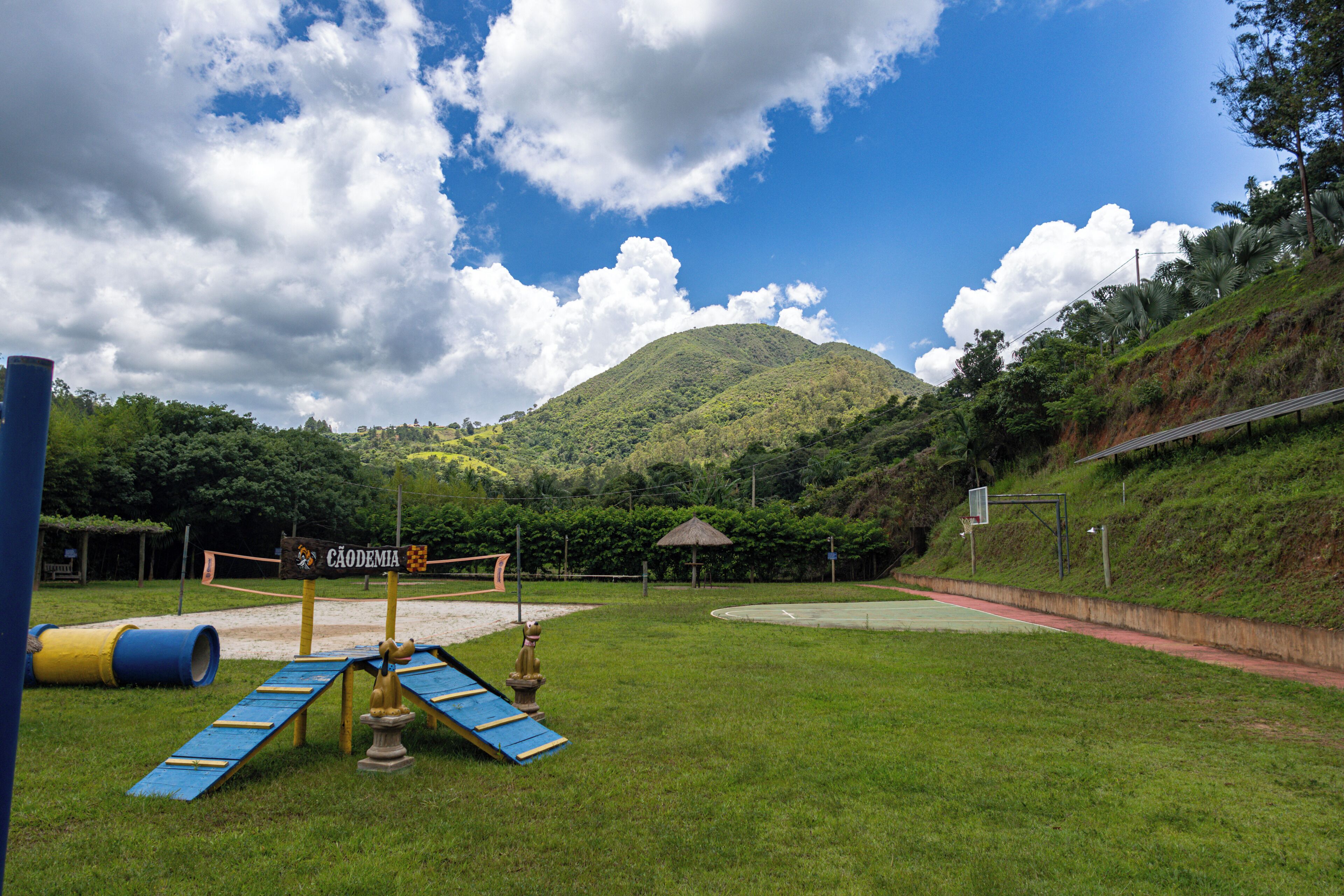 A playground with a basketball court, a climbing structure, and a sign reading "CAODEMIA".