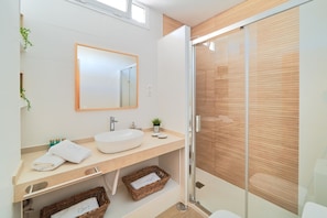 Shower, hair dryer, towels