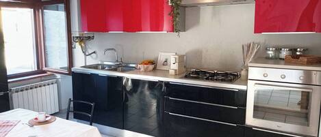 Een koelkast, een oven, een kookplaat, een vaatwasser