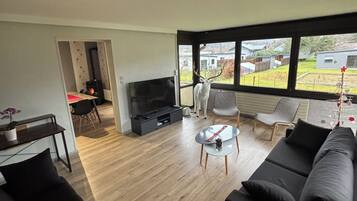 Smart-TV, peis, bøker og stereoanlegg