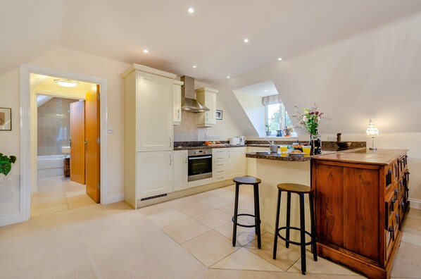 Fridge, oven, dishwasher, cookware/dishes/utensils