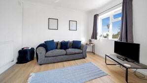 A modern living room with a grey sofa, a flat-screen TV, a blue rug, and a window with curtains.