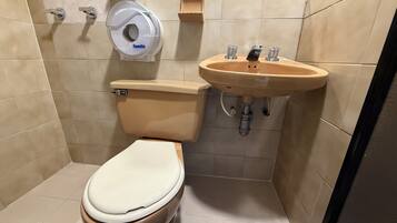 A compact bathroom with a toilet, a sink, and a paper towel dispenser.