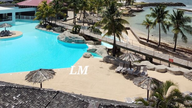Un complexe hôtelier doté d’une grande piscine, de palmiers et d’une plage.