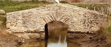 A stone bridge over a small body of water with a bird perched on top.