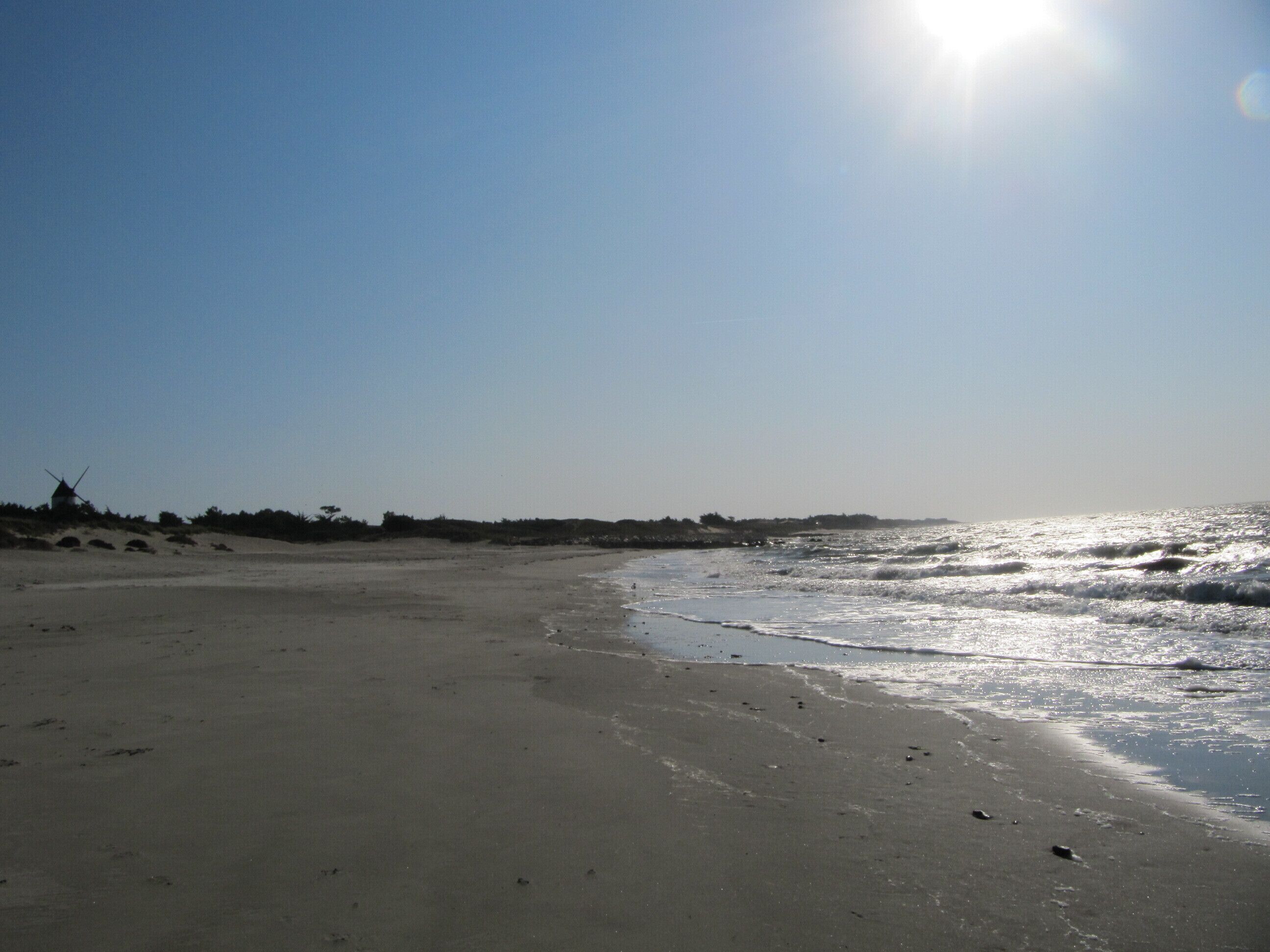 A beach with a windmill in the distance, calm water, and a clear sky.