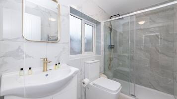 Shower, hair dryer, towels