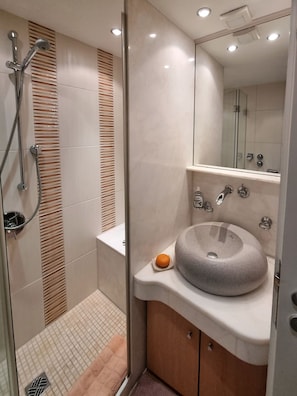 Douche, sèche-cheveux, savon, papier toilette
