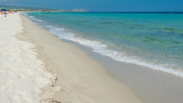 Une plage avec une eau turquoise cristalline et un rivage sablonneux.