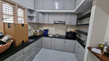 Fridge, microwave, electric kettle, toaster