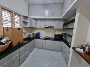 Fridge, microwave, electric kettle, toaster