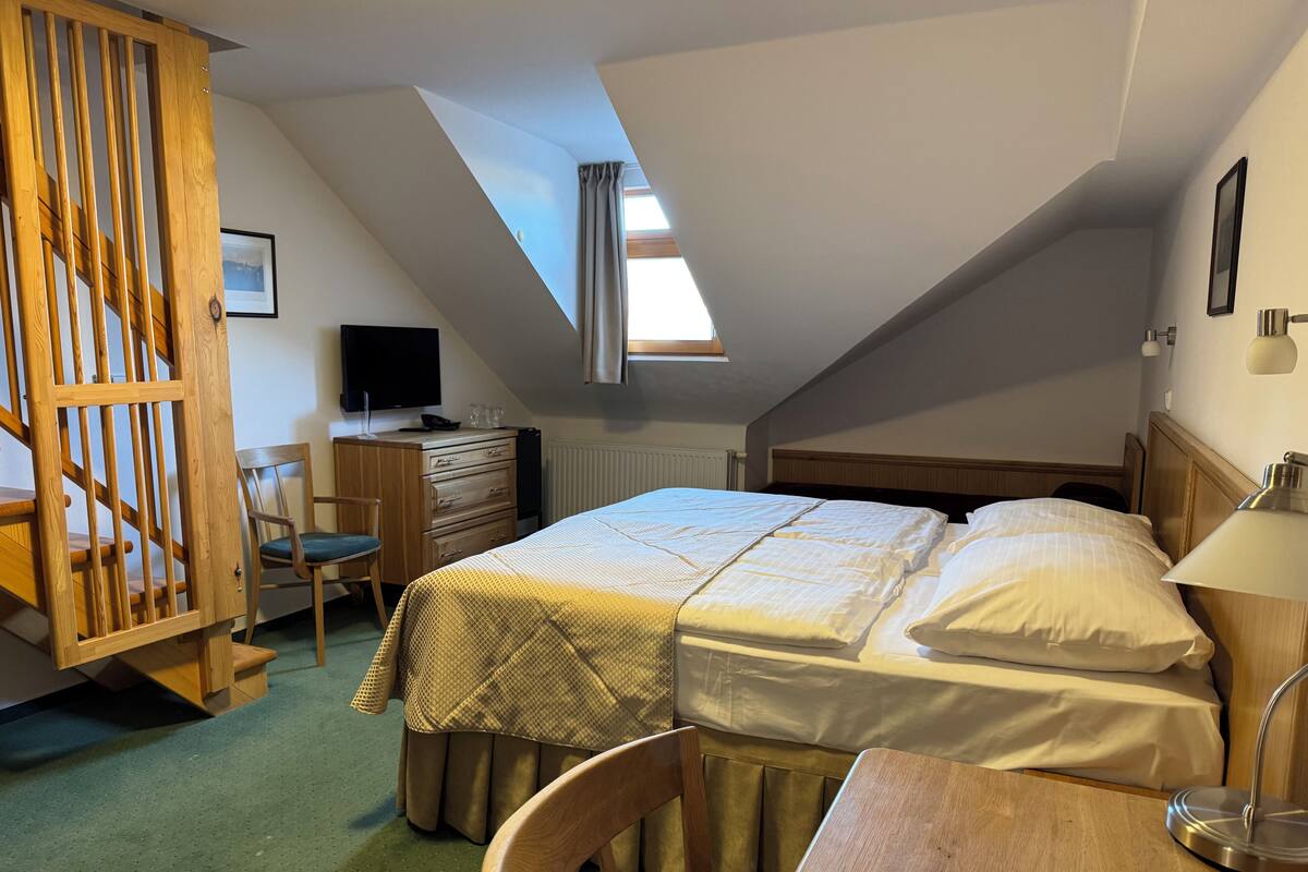 Une chambre à coucher avec un lit, un bureau, une chaise, un téléviseur et une fenêtre avec des rideaux.