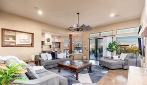 TV, fireplace, foosball, table tennis